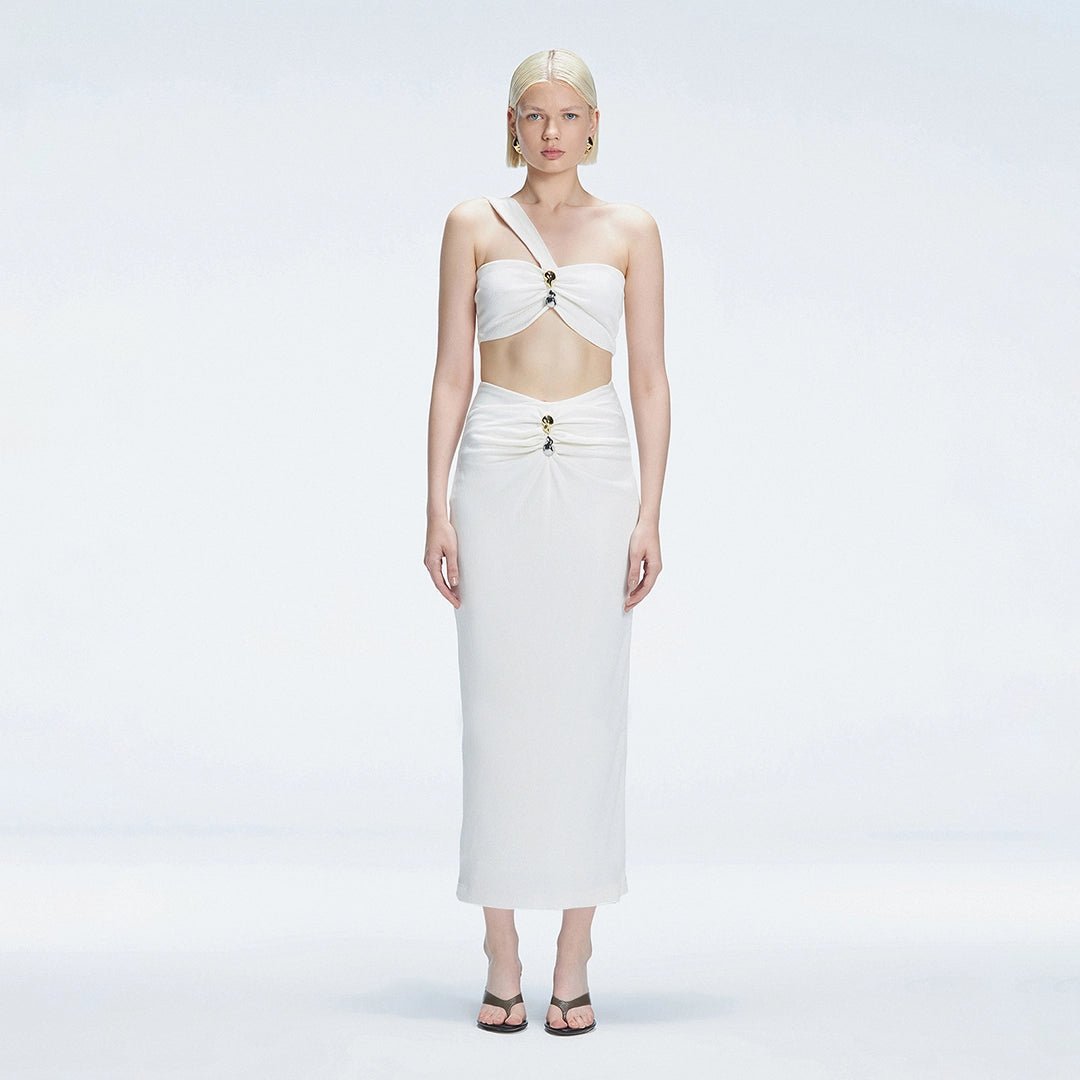 Lane One-Shoulder Black Crop Top and Esmeralda Maxi Skirt with Front Ruched Detail | Moeva | | Each week unveils new pieces—luxury swimwear, fluid resort silhouettes, and elevated summer-to-evening essentials designed to carry you from coastal escapes to city nights.
