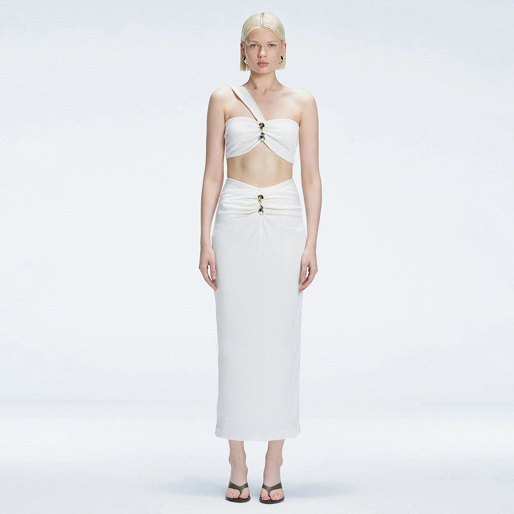 Lane One-Shoulder Black Crop Top and Esmeralda Maxi Skirt with Front Ruched Detail | Moeva | Set | Each week unveils new pieces—luxury swimwear, fluid resort silhouettes, and elevated summer-to-evening essentials designed to carry you from coastal escapes to city nights.