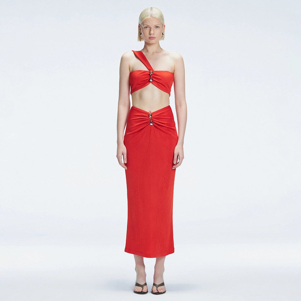 Lane One-Shoulder Black Crop Top and Esmeralda Maxi Skirt with Front Ruched Detail | Moeva | Set | Each week unveils new pieces—luxury swimwear, fluid resort silhouettes, and elevated summer-to-evening essentials designed to carry you from coastal escapes to city nights.