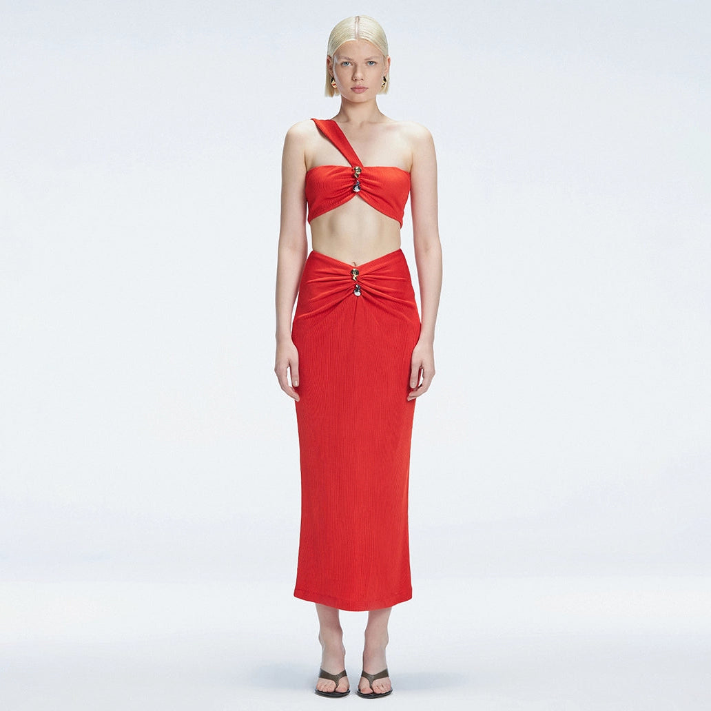 Lane Red Textured One Shoulder Crop Top | Moeva | Crop Top | Each week unveils new pieces—luxury swimwear, fluid resort silhouettes, and elevated summer-to-evening essentials designed to carry you from coastal escapes to city nights.