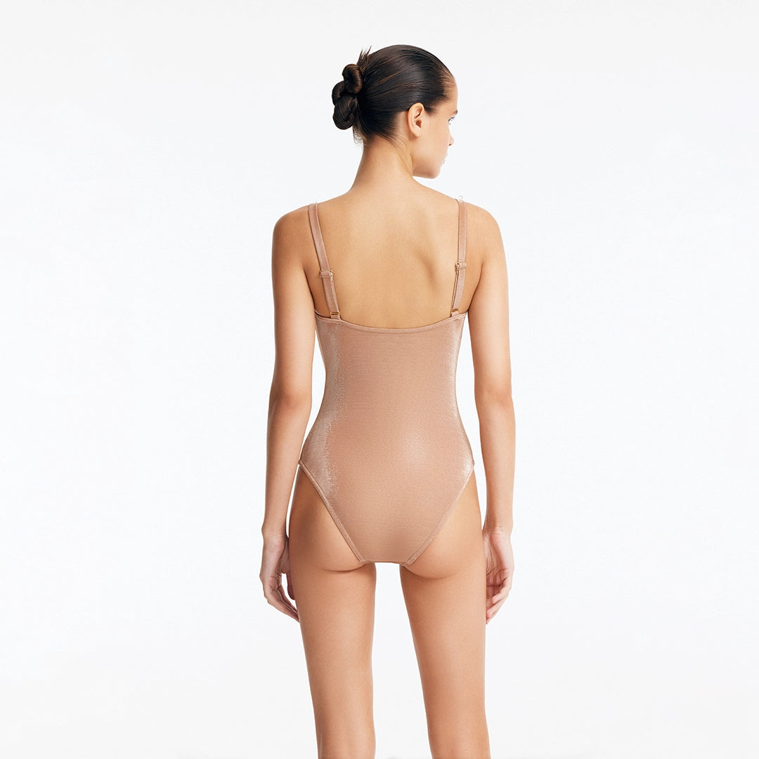 Lennox Bronze Underwired Corset Swimsuit with Embellished Straps | Moeva | Swimsuit | Each week unveils new pieces—luxury swimwear, fluid resort silhouettes, and elevated summer-to-evening essentials designed to carry you from coastal escapes to city nights.