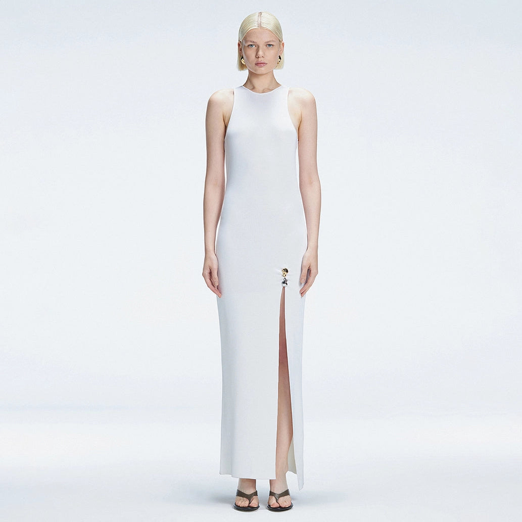 Louisa White Halter Knit Maxi Dress with Slit Detail | Moeva | Dress | Each week unveils new pieces—luxury swimwear, fluid resort silhouettes, and elevated summer-to-evening essentials designed to carry you from coastal escapes to city nights.