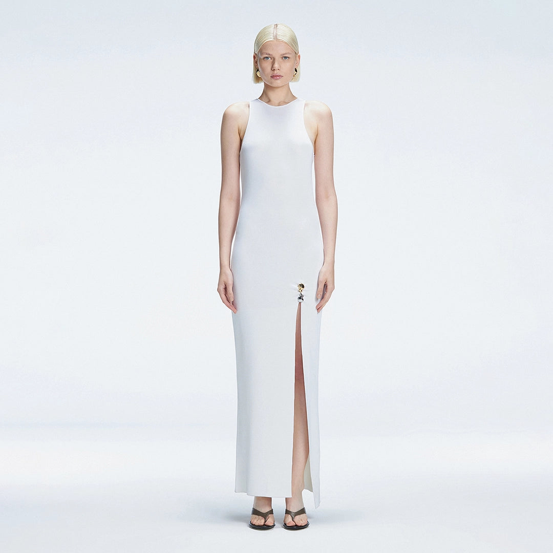 Louisa White Halter Knit Maxi Dress with Slit Detail | Moeva | Dress | Each week unveils new pieces—luxury swimwear, fluid resort silhouettes, and elevated summer-to-evening essentials designed to carry you from coastal escapes to city nights.