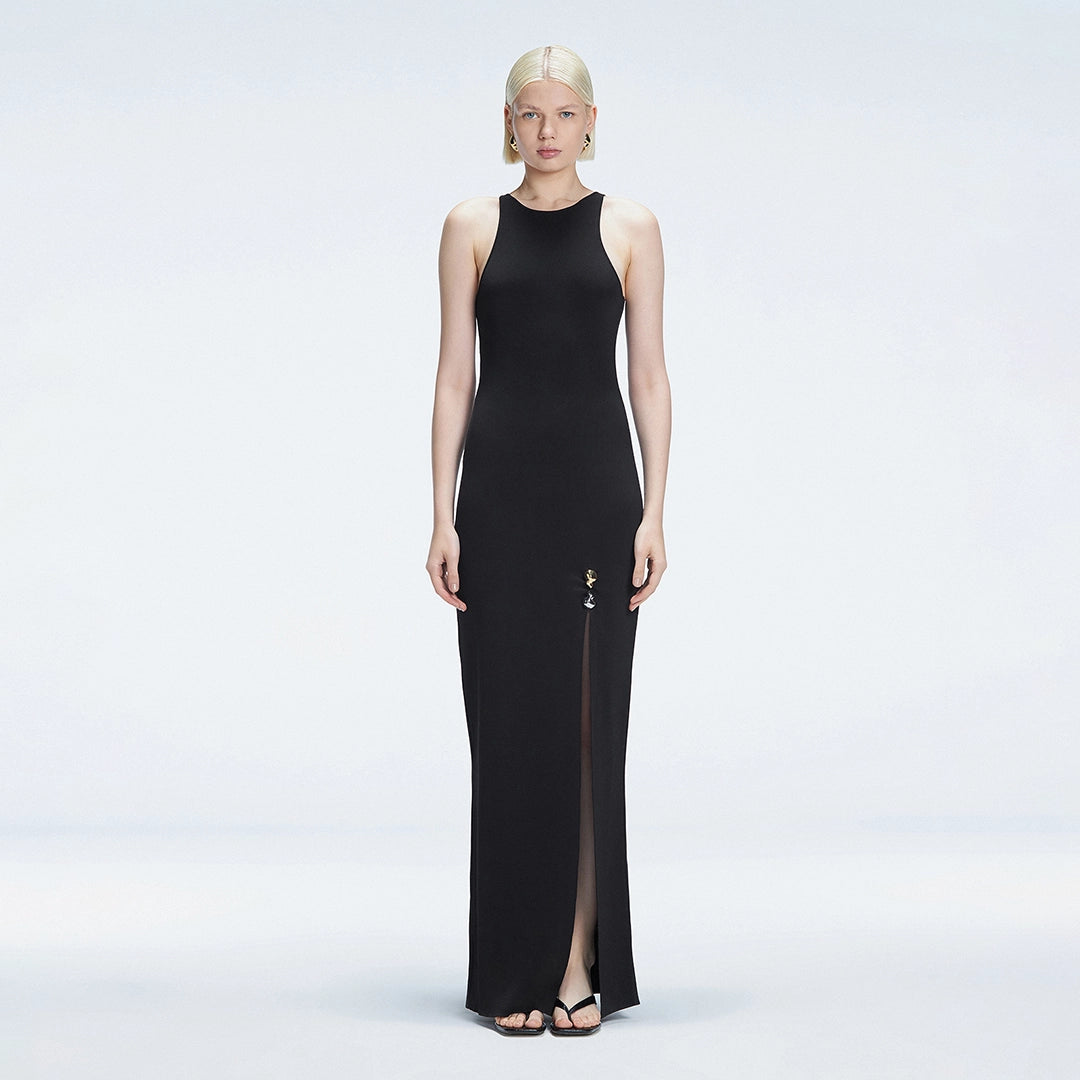 Louisa Black Halter Knit Maxi Dress with Slit Detail | Moeva | Dress | Each week unveils new pieces—luxury swimwear, fluid resort silhouettes, and elevated summer-to-evening essentials designed to carry you from coastal escapes to city nights.