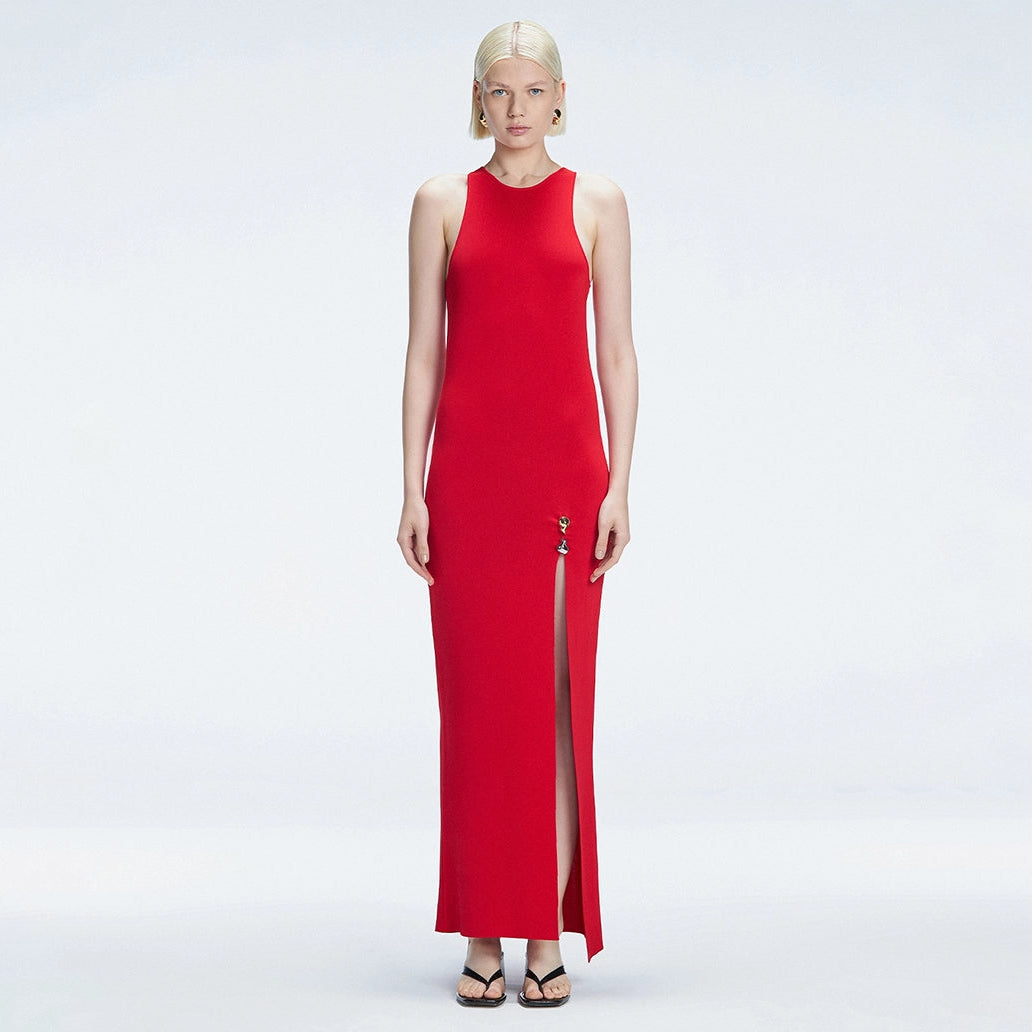 Louisa Red Halter Knit Maxi Dress with Slit Detail | Moeva | Dress | Each week unveils new pieces—luxury swimwear, fluid resort silhouettes, and elevated summer-to-evening essentials designed to carry you from coastal escapes to city nights.