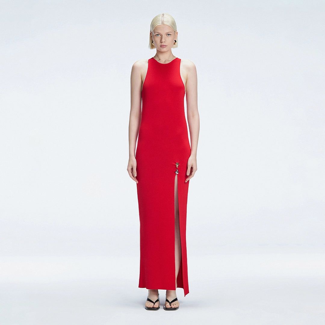 Louisa Red Halter Knit Maxi Dress with Slit Detail | Moeva | Dress | Each week unveils new pieces—luxury swimwear, fluid resort silhouettes, and elevated summer-to-evening essentials designed to carry you from coastal escapes to city nights.
