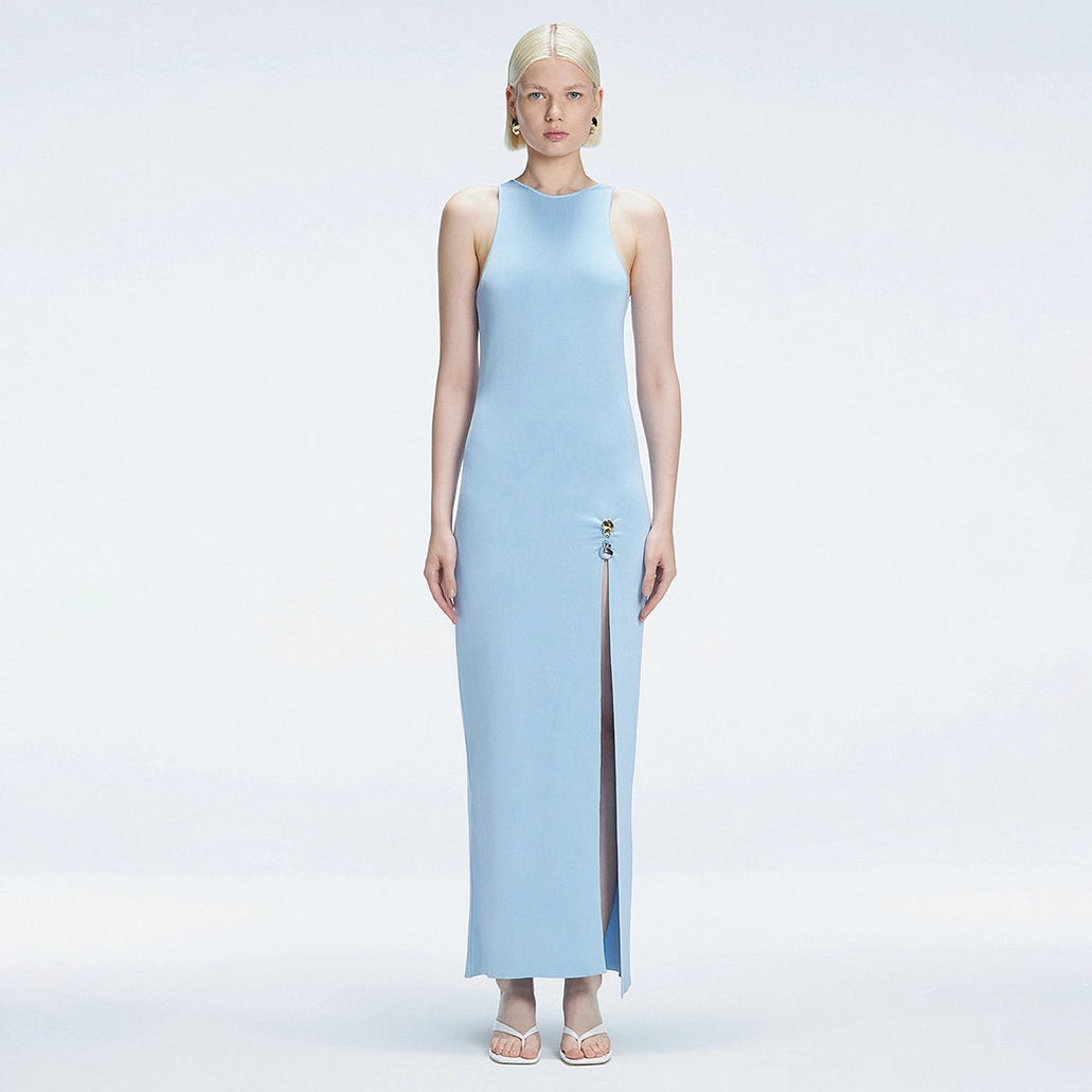 Louisa Blue Halter Knit Maxi Dress with Slit Detail | Moeva | Dress | Each week unveils new pieces—luxury swimwear, fluid resort silhouettes, and elevated summer-to-evening essentials designed to carry you from coastal escapes to city nights.