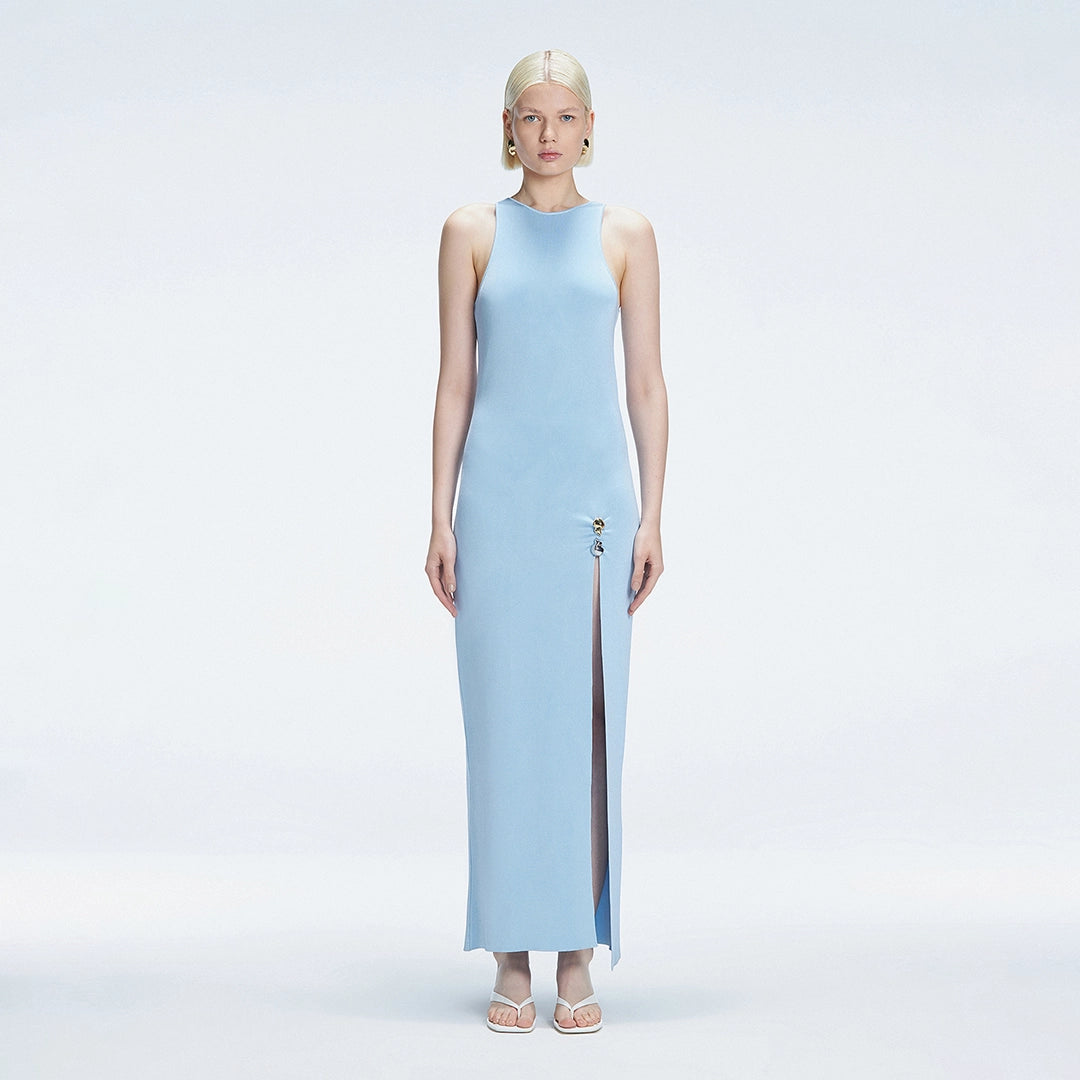 Louisa Blue Halter Knit Maxi Dress with Slit Detail | Moeva | Dress | Each week unveils new pieces—luxury swimwear, fluid resort silhouettes, and elevated summer-to-evening essentials designed to carry you from coastal escapes to city nights.