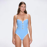 Lourmarin Blue-White Underwired Gold Button Detail Swimsuit | Moeva | Swimsuit | Each week unveils new pieces—luxury swimwear, fluid resort silhouettes, and elevated summer-to-evening essentials designed to carry you from coastal escapes to city nights.