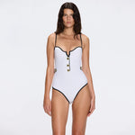Lourmarin White Underwired Gold Button Detail Swimsuit | Moeva | Swimsuit | Each week unveils new pieces—luxury swimwear, fluid resort silhouettes, and elevated summer-to-evening essentials designed to carry you from coastal escapes to city nights.
