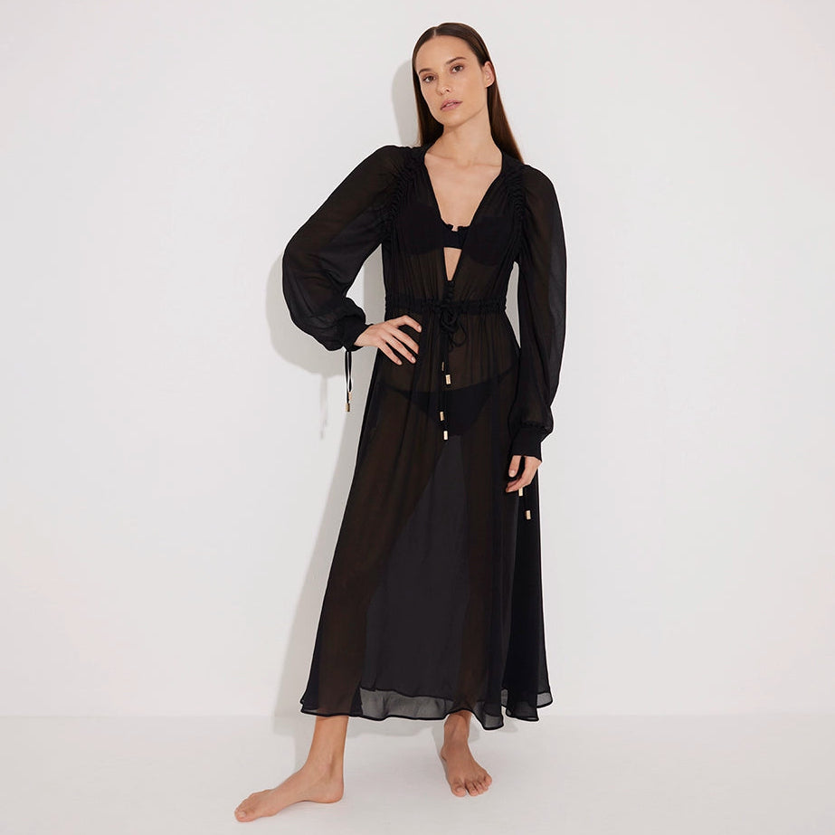 Lula Silk Blouson-Sleeve Belted Sheer Black Maxi Dress | Moeva | Dress | Each week unveils new pieces—luxury swimwear, fluid resort silhouettes, and elevated summer-to-evening essentials designed to carry you from coastal escapes to city nights.