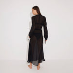 Lula Silk Blouson-Sleeve Belted Sheer Black Maxi Dress | Moeva | Beachwear Dresses | Each week unveils new pieces—luxury swimwear, fluid resort silhouettes, and elevated summer-to-evening essentials designed to carry you from coastal escapes to city nights.