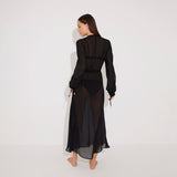 Lula Silk Blouson-Sleeve Belted Sheer Black Maxi Dress | Moeva | Beachwear Dresses | Each week unveils new pieces—luxury swimwear, fluid resort silhouettes, and elevated summer-to-evening essentials designed to carry you from coastal escapes to city nights.