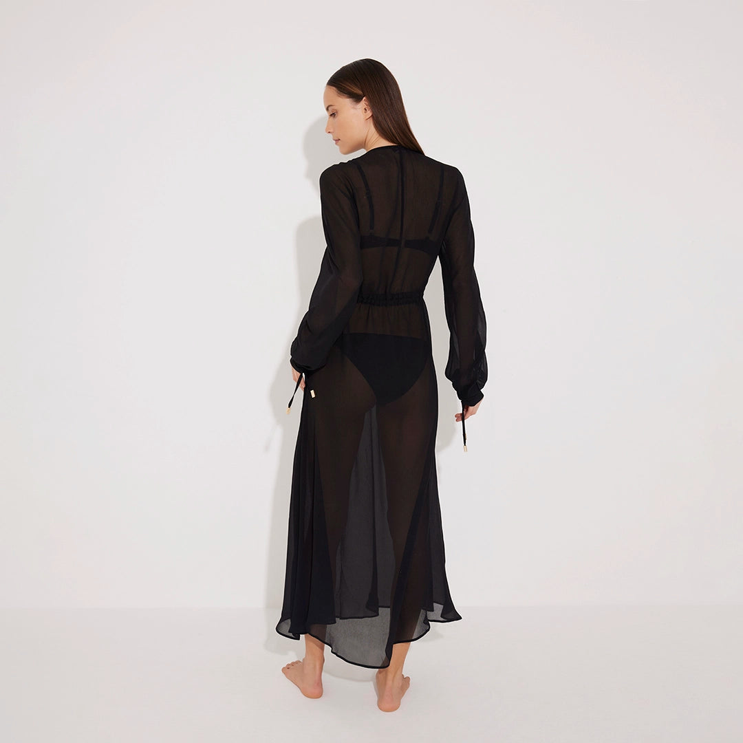 Lula Silk Blouson-Sleeve Belted Sheer Black Maxi Dress | Moeva | Beachwear Dresses | Each week unveils new pieces—luxury swimwear, fluid resort silhouettes, and elevated summer-to-evening essentials designed to carry you from coastal escapes to city nights.