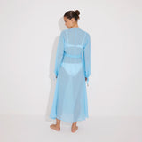 Lula Silk Blouson-Sleeve Belted Sheer Blue Maxi Dress | Moeva | Beachwear Dresses | Each week unveils new pieces—luxury swimwear, fluid resort silhouettes, and elevated summer-to-evening essentials designed to carry you from coastal escapes to city nights.