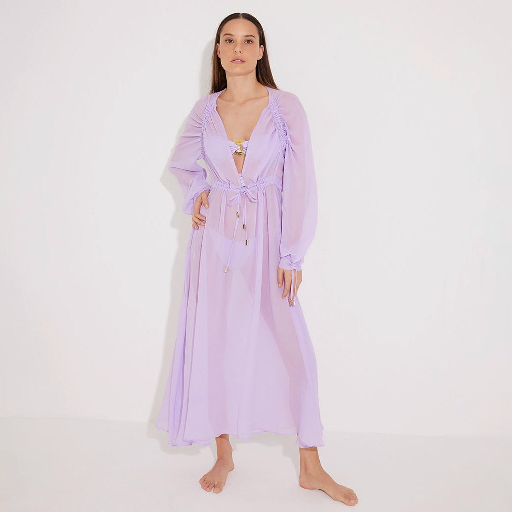 Lula Silk Blouson-Sleeve Belted Sheer Lilac Maxi Dress | Moeva | Dress | Each week unveils new pieces—luxury swimwear, fluid resort silhouettes, and elevated summer-to-evening essentials designed to carry you from coastal escapes to city nights.