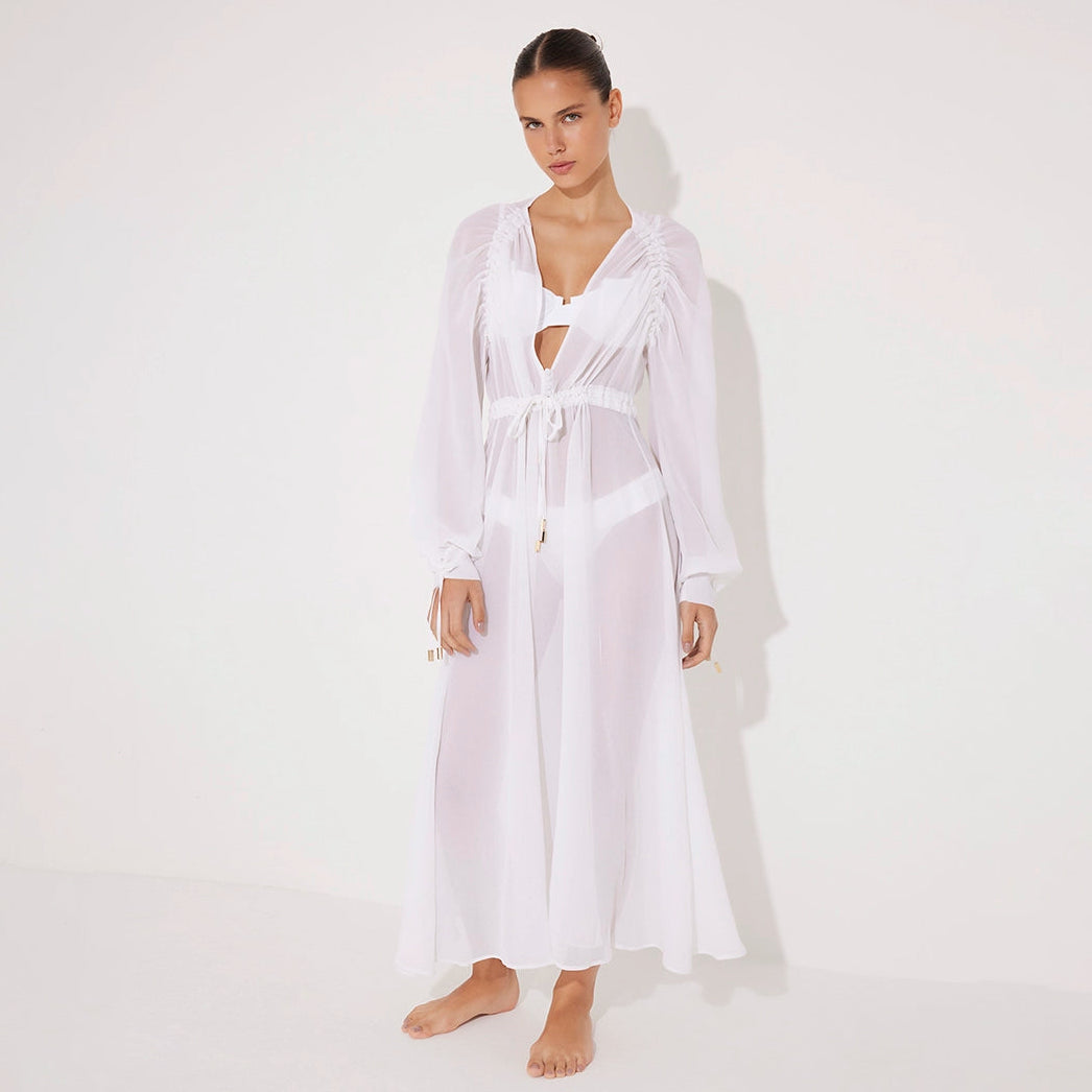Lula Silk Blouson-Sleeve Belted Sheer White Maxi Dress | Moeva | Dress | Each week unveils new pieces—luxury swimwear, fluid resort silhouettes, and elevated summer-to-evening essentials designed to carry you from coastal escapes to city nights.