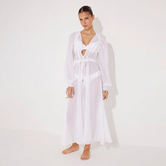Lula Silk Blouson-Sleeve Belted Sheer White Maxi Dress | Moeva | Beachwear Dresses | Each week unveils new pieces—luxury swimwear, fluid resort silhouettes, and elevated summer-to-evening essentials designed to carry you from coastal escapes to city nights.