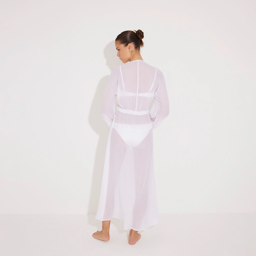 Lula Silk Blouson-Sleeve Belted Sheer White Maxi Dress | Moeva | Beachwear Dresses | Each week unveils new pieces—luxury swimwear, fluid resort silhouettes, and elevated summer-to-evening essentials designed to carry you from coastal escapes to city nights.