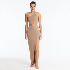 Lyndon Bronze Knitted Skirt with Side Slit | Moeva | Skirt | Each week unveils new pieces—luxury swimwear, fluid resort silhouettes, and elevated summer-to-evening essentials designed to carry you from coastal escapes to city nights.