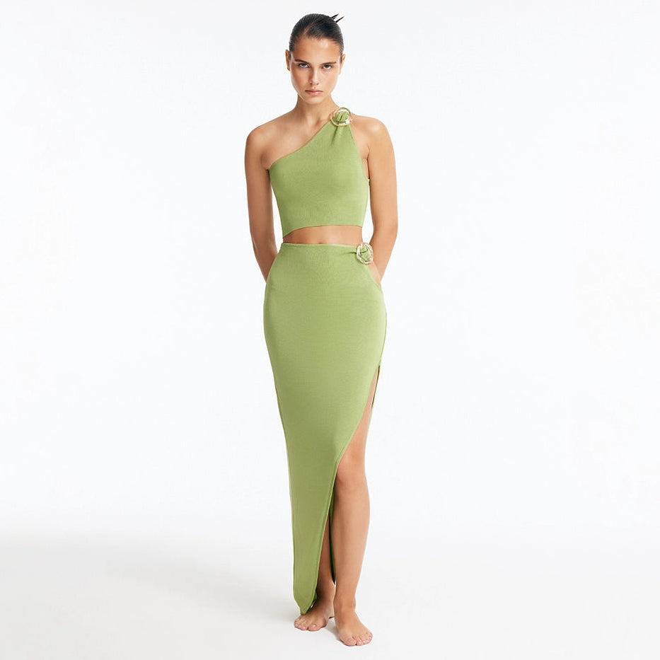Eila Green One Shoulder Knitted Crop Top and Lyndon Green Knitted Skirt with Side Slit | Moeva | Set | Each week unveils new pieces—luxury swimwear, fluid resort silhouettes, and elevated summer-to-evening essentials designed to carry you from coastal escapes to city nights.