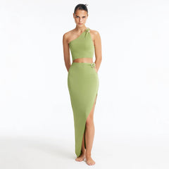 Lyndon Green Knitted Skirt with Side Slit | Moeva | Skirt | Each week unveils new pieces—luxury swimwear, fluid resort silhouettes, and elevated summer-to-evening essentials designed to carry you from coastal escapes to city nights.