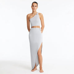 Lyndon Silver Knitted Skirt with Side Slit | Moeva | Skirt | Each week unveils new pieces—luxury swimwear, fluid resort silhouettes, and elevated summer-to-evening essentials designed to carry you from coastal escapes to city nights.