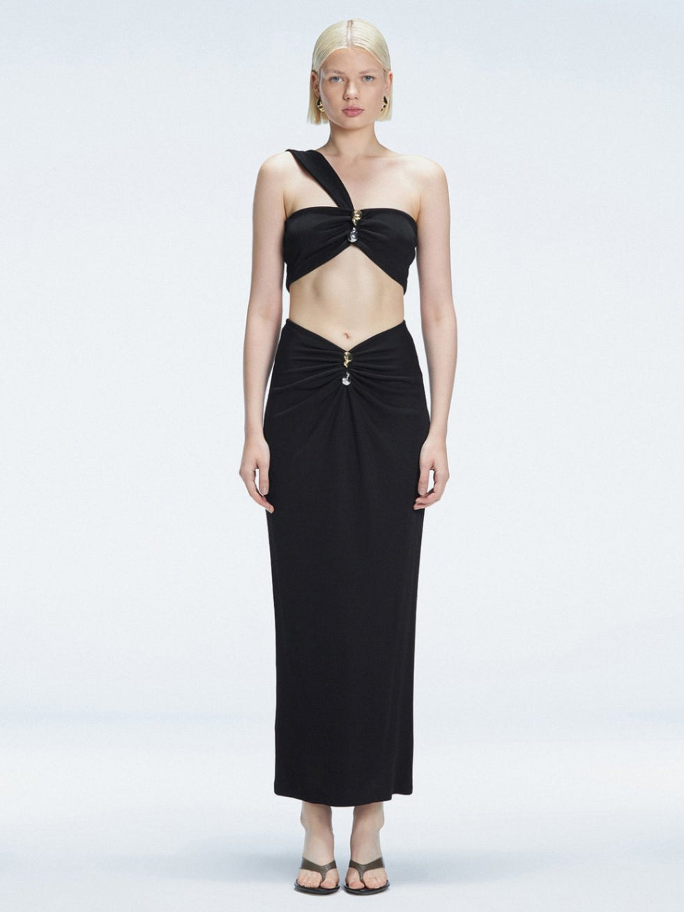 Esmeralda Black Maxi Skirt with Front Ruched Detail | Moeva | Skirt | Each week unveils new pieces—luxury swimwear, fluid resort silhouettes, and elevated summer-to-evening essentials designed to carry you from coastal escapes to city nights.