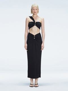 Front view of model wearing Lane Black One-Shoulder Top with ruched detail at the front.
