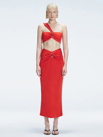 Esmeralda Red Maxi Skirt with Front Ruched Detail | Moeva | Skirt | Each week unveils new pieces—luxury swimwear, fluid resort silhouettes, and elevated summer-to-evening essentials designed to carry you from coastal escapes to city nights.