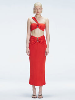 Esmeralda Red Maxi Skirt with Front Ruched Detail | Moeva | Skirt | Each week unveils new pieces—luxury swimwear, fluid resort silhouettes, and elevated summer-to-evening essentials designed to carry you from coastal escapes to city nights.