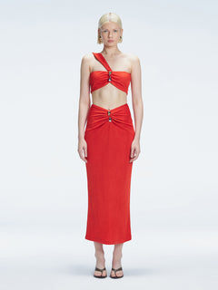 Front view of model wearing Esmeralda Red Midi Skirt with ruched and buckle detailing.
