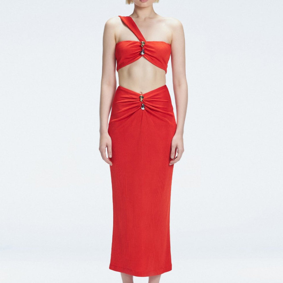Esmeralda Red Maxi Skirt with Front Ruched Detail | Moeva | Skirt | Each week unveils new pieces—luxury swimwear, fluid resort silhouettes, and elevated summer-to-evening essentials designed to carry you from coastal escapes to city nights.