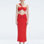 Front view of model wearing Lane Red One-Shoulder Top with ruched detail at the front.
