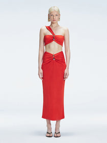 Front view of model wearing Lane Top and Esmeralda Red Midi Skirt with ruched detail at the front.
