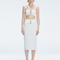 Front view of model wearing Esmeralda White Midi Skirt with ruched and buckle detailing.
