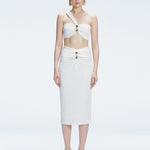 Front view of model wearing Esmeralda White Midi Skirt with ruched and buckle detailing.
