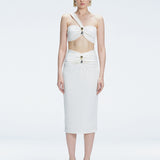 Front view of model wearing 
 Lane Top and Esmeralda White Midi Skirt with ruched and buckle detailing.
