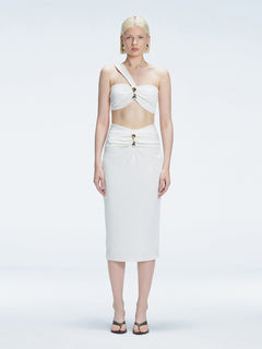 Front view of model wearing 
 Lane Top and Esmeralda White Midi Skirt with ruched and buckle detailing.
