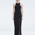 Front view of model wearing Louisa Black Maxi Dress with high neck, sleeveless design, and buckle detail.
