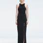 Front view of model wearing Louisa Black Maxi Dress with high neck, sleeveless design, and buckle detail.
