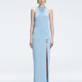 Front view of model wearing Louisa Baby Blue Maxi Dress with high neck, sleeveless design, and buckle detail.
