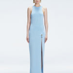 Front view of model wearing Louisa Baby Blue Maxi Dress with high neck, sleeveless design, and buckle detail.
