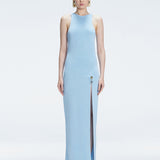 Front view of model wearing Louisa Baby Blue Maxi Dress with high neck, sleeveless design, and buckle detail.
