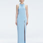 Front view of model wearing Louisa Baby Blue Maxi Dress with high neck, sleeveless design, and buckle detail.
