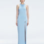 Front view of model wearing Louisa Baby Blue Maxi Dress with high neck, sleeveless design, and buckle detail.
