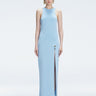 Front view of model wearing Louisa Baby Blue Maxi Dress with high neck, sleeveless design, and buckle detail.
