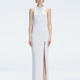 Front view of model wearing Louisa White Maxi Dress with high neck, sleeveless design, and buckle detail.
