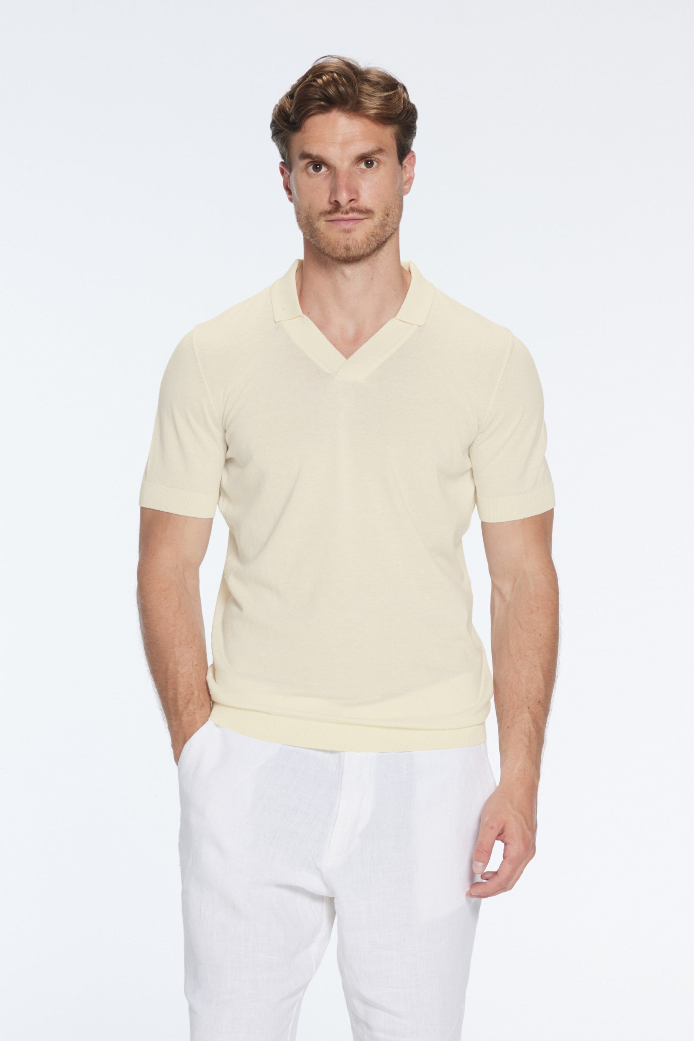 Mark Yellow Polo Cotton V-Neck Polo T-Shirt | Moeva | Men Polo Shirts | Each week unveils new pieces—luxury swimwear, fluid resort silhouettes, and elevated summer-to-evening essentials designed to carry you from coastal escapes to city nights.