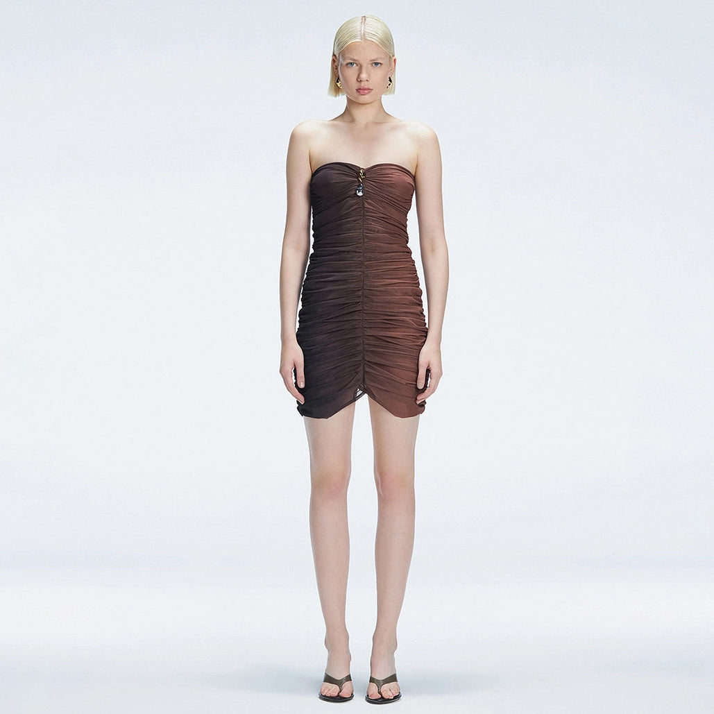Marsiela Black Optical Bandeau Draped Mini Dress | Moeva | Dress | Each week unveils new pieces—luxury swimwear, fluid resort silhouettes, and elevated summer-to-evening essentials designed to carry you from coastal escapes to city nights.